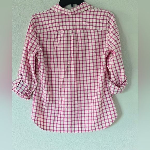 Talbots Shiry Womens Sz PM Pink White Plaid Button Up Minimalist Roll Tab Sleeve - Picture 5 of 10